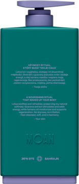 Tył tealowej butelki żelu pod prysznic MOAN z fioletową pompką. Widoczne opisy i składniki energetyzujące.