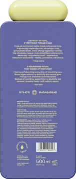 Tył fioletowej butelki Dreampłynu do kąpieli regenerującego 500ml z algami, olejem baobabu i listą składników.