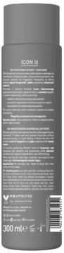 Tył szarego żelu pod prysznic ICON 1K 300ml, opisujący nawilżanie, aloes i kwas hialuronowy, wegański.