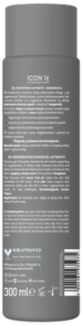Tył szarej butelki wegańskiego żelu pod prysznic ICON 14 z kodem, opisem i info o 96% naturalnym składzie.
