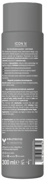 Tył szarej butelki żelu pod prysznic ICON 1E dla mężczyzn 300ml, z informacjami, kodem i logo PETA.