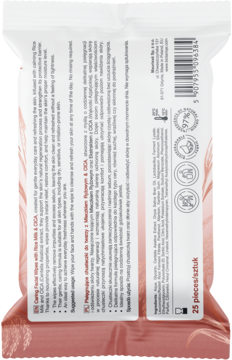 Tył opakowania pielęgnujących chusteczek do twarzy Mleczko Ryżowe & CICA, biała paczka, etykieta z opisem.