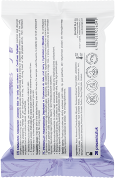 Tył opakowania chusteczek antyperspirujących Innowacja z hydrolatem z bławatka, 20 sztuk, białe z fioletowymi wzorami.