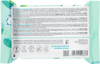 Tył zielono-białego opakowania chusteczek do włosów z mentolem, tekstem w wielu językach, ikonami i kodem.