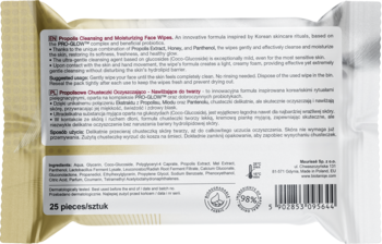 Tył opakowania Propolisowych Chusteczek Oczyszczająco-Nawilżających z tekstem o składnikach, widoczny kod kreskowy.