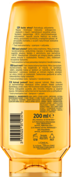 Tył pomarańczowej butelki odżywki L'Oréal Elseve Magiczna Moc Olejków 200 ml z etykietą i kodem kreskowym.