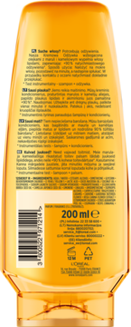 Tył butelki odżywki L'Oréal Elseve Magiczna Moc Olejków 200 ml do włosów suchych, widoczna etykieta z opisem.