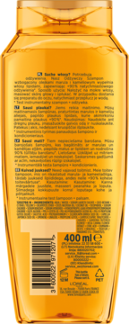 Tył bursztynowej butelki szamponu L'Oréal z etykietą zawierającą tekst w wielu językach, kod kreskowy i 400ml.