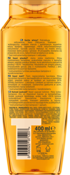 Tył złocistego szamponu L'Oréal Elseve Odżywczy 400ml do włosów suchych, z etykietą i kodem kreskowym.