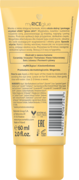 Tył żółtej tubki maski MIYA myRICEglue 60ml glow booster z efektem glass skin, widoczny skład i opis produktu.