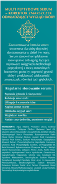 Tył zielono-złotego opakowania serum multipeptydowego. Widoczny opis: redukcja zmarszczek, skład, instrukcje użycia.