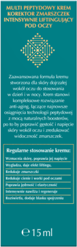 Krem Multi Peptydowy do oczu, przód turkusowego opakowania z opisem liftingującym, złotym logo i pojemnością 15ml.