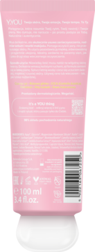 Różowy mus do twarzy MIYA Y.YOU soft.clay, 100 ml. Tył tubki ze składem, kodem kreskowym i certyfikatami.