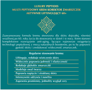 Ciemnozielona etykieta kremu Luxury Peptides Multi Peptydowy 60+ z opisem działania liftingującego.