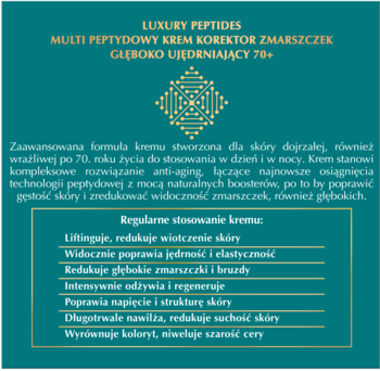Ulotka kremu Luxury Peptides 70+ głęboko ujędrniającego, turkusowa, ze złotym wzorem i opisem działania.