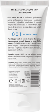 Tył białej tubki Bielenda Daily Basis, nawilżający żel do mycia twarzy z kwasem hialuronowym, 150ml.
