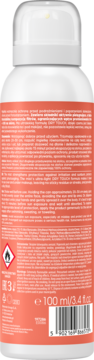 Tył białego sprayu kosmetycznego DRY TOUCH, z brzoskwiniową etykietą, tekstem i kodem kreskowym, 100ml.