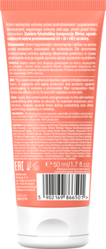 Tył brzoskwiniowej tubki kremu Bielenda 50ml, z filtrem UV, IR, HEV. Wzmacnia ochronę, działa anti-age.