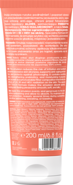 Tył brzoskwiniowej tubki emulsji do ciała 200ml z kwasem hialuronowym. Widoczny tekst i kod EAN.