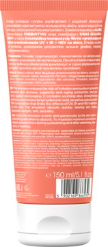 Tył brzoskwiniowej tubki z ochronną emulsją do skóry, z tekstem PL/EN, kodem kreskowym i białym zamknięciem.