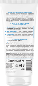 Tył białej tubki Bielenda Enzymatyczny Peeling do Ciała Gommage, widoczny opis, składniki, pojemność 200 ml.