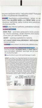 Tył białego balsamu do ciała Bielenda Glaze&Glow 200ml, z opisem nawilżającym i rozświetlającym.