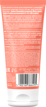 Brzoskwiniowa tuba kremu ochronnego z filtrem UV 50ml, widok z tyłu, z opisem i kodem kreskowym.