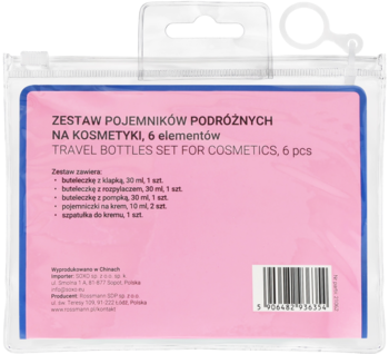 Tył przezroczystego opakowania Eloy zestawu 6 buteleczek podróżnych, różowa etykieta z opisem zawartości i kodem.
