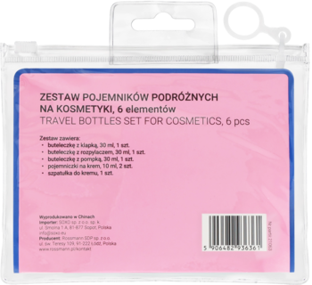 Przezroczysty zestaw podróżnych butelek Eloy, 6 sztuk, w etui z różową etykietą informacyjną, widok z przodu.