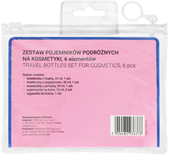 Tył opakowania zestawu 6 buteleczek podróżnych Eloy, przezroczyste etui z różową etykietą.