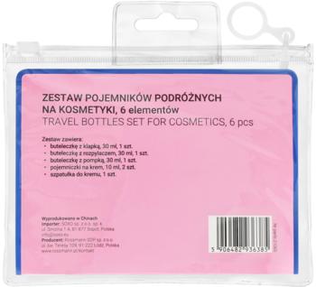 Zestaw 6 podróżnych butelek na kosmetyki w przezroczystej torbie, tył z różową etykietą i kodem EAN.