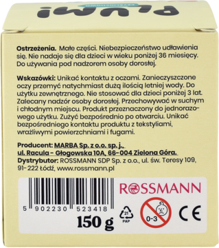 Tył beżowego pudełka kuli kąpielowej PURE z zabawką. Widoczne ostrzeżenia, instrukcje i logo Rossmann.