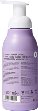 Tył fioletowej butelki pianki myjącej z pompką 400ml o zapachu waniliowym, z etykietą i kodem kreskowym.