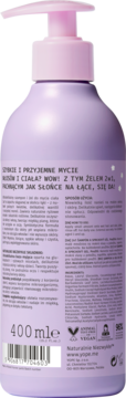 Tył fioletowej butelki żelu do mycia włosów i ciała 400ml z różową pompką, widoczne opisy.