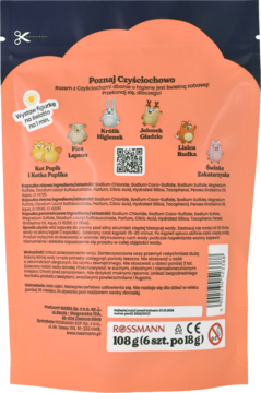 Tył pomarańczowego, chmurkowego opakowania Pianotworów do kąpieli Rossmann, z instrukcją figurki świecącej.