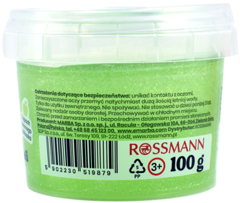Zielony brokatowy slime do kąpieli Rossmann, 100g, w przezroczystym pojemniku, widok na tył z etykietą.