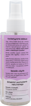 Tył butelki mgiełki Hagi Kocia Szajka o zapachu śliwki, etykieta z opisem i składnikami naturalnymi.