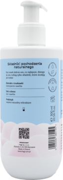 Tył białej butelki Hagi Kids żelu galaretki do mycia ciała, z pompką i niebieską etykietą o naturalnym składzie.
