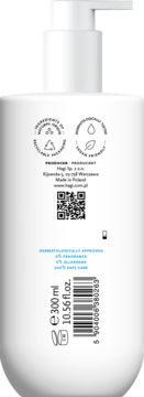 Tył białej butelki Hagi baby Pure z pompką. Widoczne oznaczenia 0% zapachu/alergenów, kod QR, certyfikaty.