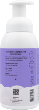 Tył białej butelki pianki Hagi Kids x Kocia Szajka. Fioletowa etykieta z naturalnymi składnikami, 300 ml.