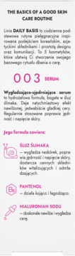 Karta produktu: Serum wygładzająco-ujędrniające Daily Basis 003 z opisem i ikonami składników na białym tle.