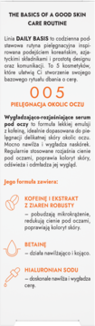 Opis serum pod oczy DAILY BASIS z kofeiną i hialuronianem, na białej karcie z pomarańczowymi ikonami składników.