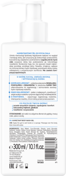 Tył białej butelki Bielenda Humectant Żel do mycia ciała 300ml. Składniki dla skóry suchej: lipidy, kwas hialuronowy.