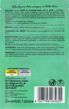 Tył zielonej nawilżającej maski ISANA Cica & Aloe w płachcie na ukojenie skóry, z opisem składu i kodem.