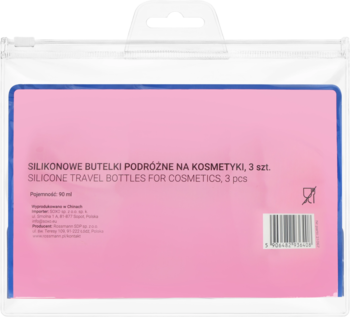 Eloy buteleczki podróżne granatowe silikonowe, 3 szt., w białym opakowaniu z różową etykietą, przód.