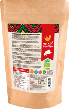 Tył brązowej torebki BIO suszonego mango Mixit Brooks z Burkina Faso, szczegółowa etykieta z informacjami.