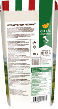 Tył opakowania orzechów laskowych z Piemontu Mixit 200g, z opisem odmiany Tonda Gentile delle Langhe i tabelą wartości odżywczych.