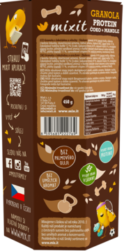 Tył brązowego opakowania Mixit Granola Protein Czekolada Mandle. Podkreślone: bez oleju palmowego i wysoka zawartość białka.