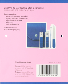 Tył opakowania zestawu Eloy mini do manicure granatowego z 5 elementami: etui, obcinacze, pilnik, odpychacz.