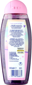 Tył żelu pod prysznic Isana Kids Błyszczący Jednorożec 300ml, różowa etykieta z listą składników.